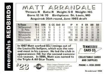 1998 Grandstand Memphis Redbirds #NNO Matt Arrandale Back