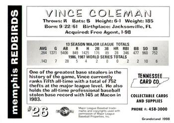 1998 Grandstand Memphis Redbirds #NNO Vince Coleman Back