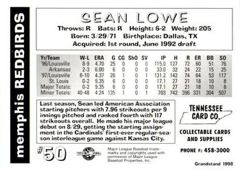1998 Grandstand Memphis Redbirds #NNO Sean Lowe Back