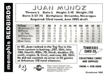 1998 Grandstand Memphis Redbirds #NNO Juan Munoz Back