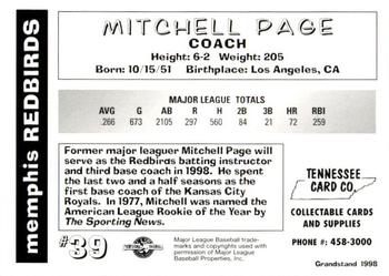 1998 Grandstand Memphis Redbirds #NNO Mitchell Page Back