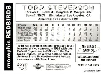 1998 Grandstand Memphis Redbirds #NNO Todd Steverson Back