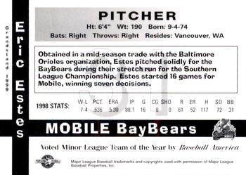 1999 Grandstand Mobile BayBears 1998 Southern League Champions #NNO Eric Estes Back