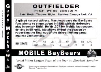 1999 Grandstand Mobile BayBears 1998 Southern League Champions #NNO Gary Matthews Jr. Back