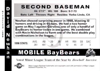 1999 Grandstand Mobile BayBears 1998 Southern League Champions #NNO David Newhan Back