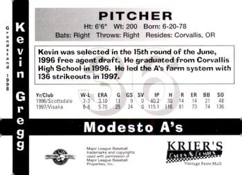 1998 Grandstand Modesto A's #NNO Kevin Gregg Back