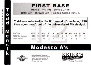 1998 Grandstand Modesto A's #NNO Todd Mensik Back