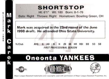 1998 Grandstand Oneonta Yankees #NNO Mark Carek Back