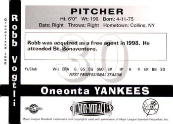 1998 Grandstand Oneonta Yankees #NNO Robb Vogtli Back