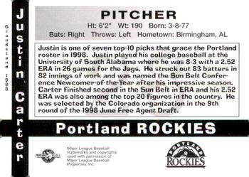 1998 Grandstand Portland Rockies #NNO Justin Carter Back