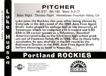 1998 Grandstand Portland Rockies #NNO Luke Hudson Back