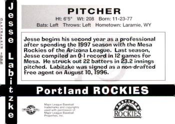 1998 Grandstand Portland Rockies #NNO Jesse Labitzke Back