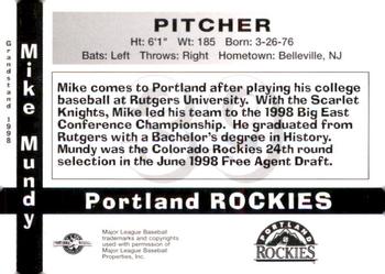 1998 Grandstand Portland Rockies #NNO Mike Mundy Back