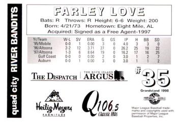 1998 Grandstand Quad City River Bandits #NNO Farley Love Back