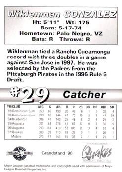 1998 Grandstand Rancho Cucamonga Quakes #NNO Wiklenman Gonzalez Back