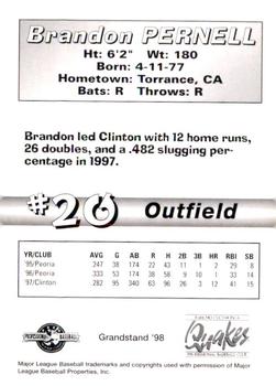 1998 Grandstand Rancho Cucamonga Quakes #NNO Brandon Pernell Back