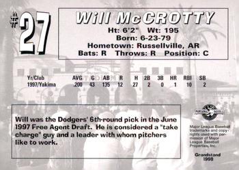 1998 Grandstand San Bernardino Stampede #NNO Will McCrotty Back