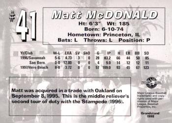 1998 Grandstand San Bernardino Stampede #NNO Matt McDonald Back