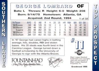 1998 Grandstand Southern League Top Prospects #1 George Lombard Back