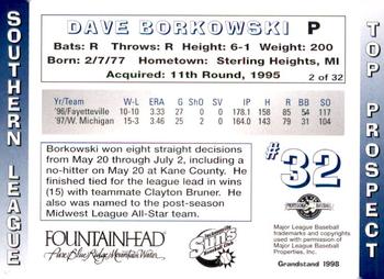 1998 Grandstand Southern League Top Prospects #2 Dave Borkowski Back