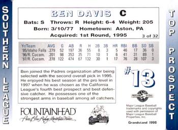 1998 Grandstand Southern League Top Prospects #3 Ben Davis Back