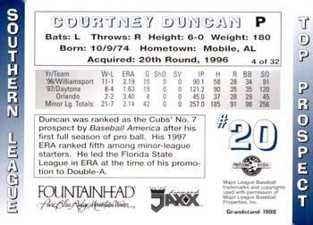 1998 Grandstand Southern League Top Prospects #4 Courtney Duncan Back
