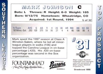 1998 Grandstand Southern League Top Prospects #5 Mark Johnson Back