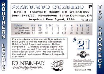 1998 Grandstand Southern League Top Prospects #13 Francisco Cordero Back