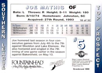 1998 Grandstand Southern League Top Prospects #18 Joe Mathis Back