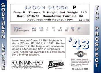 1998 Grandstand Southern League Top Prospects #24 Jason Olsen Back