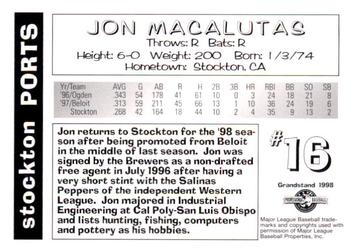 1998 Grandstand Stockton Ports #NNO Jon Macalutas Back