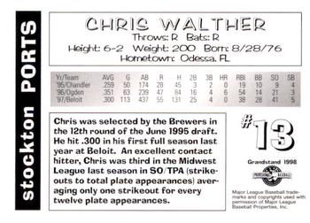 1998 Grandstand Stockton Ports #NNO Chris Walther Back