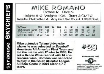 1998 Grandstand Syracuse SkyChiefs #NNO Mike Romano Back