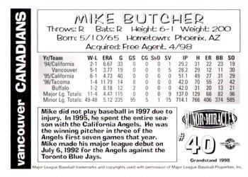 1998 Grandstand Vancouver Canadians #NNO Mike Butcher Back