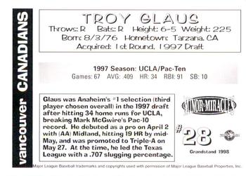1998 Grandstand Vancouver Canadians #NNO Troy Glaus Back