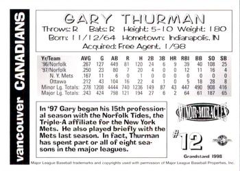 1998 Grandstand Vancouver Canadians #NNO Gary Thurman Back