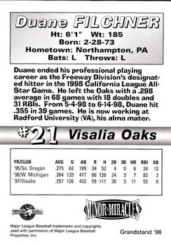 1998 Grandstand Visalia Oaks #NNO Duane Filchner Back