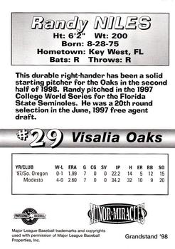1998 Grandstand Visalia Oaks #NNO Randy Niles Back