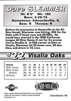 1998 Grandstand Visalia Oaks #NNO Dave Slemmer Back