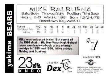 1998 Grandstand Yakima Bears #NNO Mike Balbuena Back