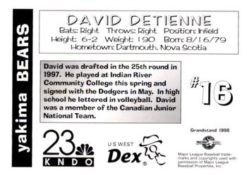1998 Grandstand Yakima Bears #NNO David Detienne Back