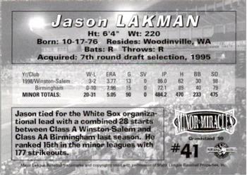 1999 Grandstand Birmingham Barons #NNO Jason Lakman Back