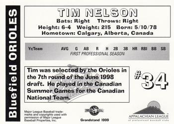 1999 Grandstand Bluefield Orioles #NNO Tim Nelson Back