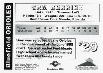 1999 Grandstand Bluefield Orioles #NNO Sam Berrien Back