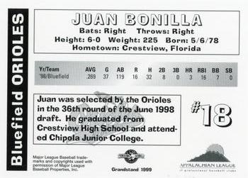 1999 Grandstand Bluefield Orioles #NNO Juan Bonilla Back