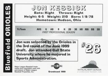 1999 Grandstand Bluefield Orioles #NNO Jon Kessick Back