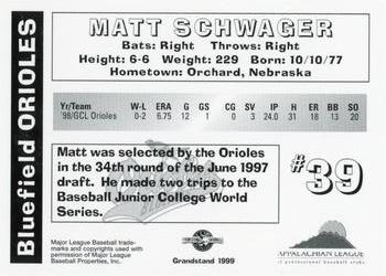 1999 Grandstand Bluefield Orioles #NNO Matt Schwager Back