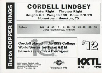 1999 Grandstand Butte Copper Kings #NNO Cordell Lindsey Back