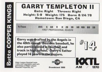 1999 Grandstand Butte Copper Kings #NNO Garry Templeton II Back