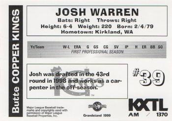 1999 Grandstand Butte Copper Kings #NNO Josh Warren Back